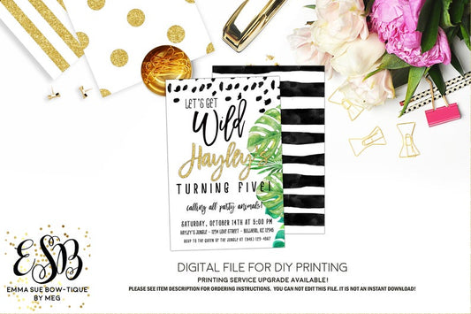 Let's get Wild - Jungle Safari Birthday Party invitation Printable - Digital File  (Jungle-WildGold)