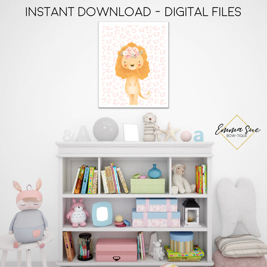 Floral Lion Wall Art with Blush Animal Print - Girl's Nursery, Playroom, Bedroom Printable Sign  - Digital File - Instant Download
