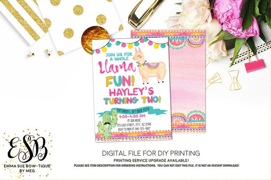 A whole Llama Fun - Girl's Birthday Party Invitation Printable - Digital File  (llama-01white)