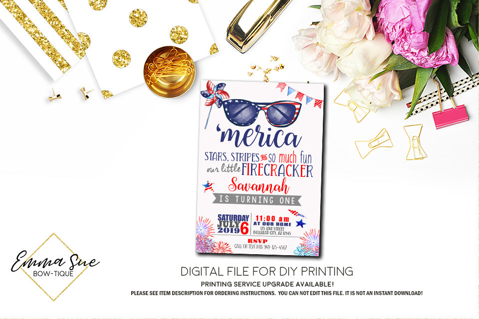 'Merica Patriotic Red White and Blue Birthday invitation Printable - Digital File  (Rwb-Girl)