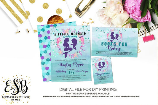 A Little Mermaid is on the way - Watercolor Mermaid Baby Girl Baby Shower Invitation- Digital Printable File  (mermaid-water19)