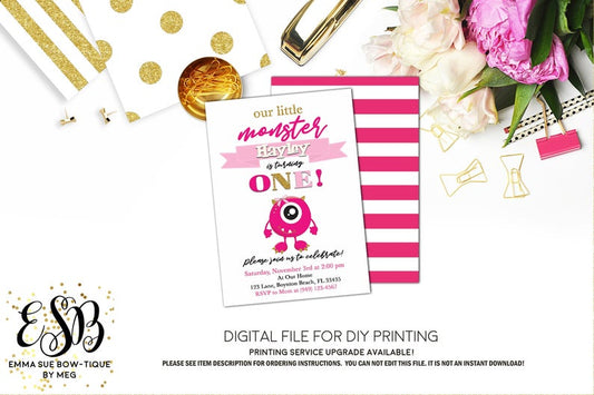 Pink Little Monster Girl's 1st Birthday Invitation - Digital File Printable (monster-one)