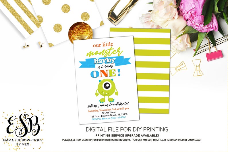 Green Little Monster Boy's 1st Birthday Invitation - Digital File Printable (monster-oneboy)