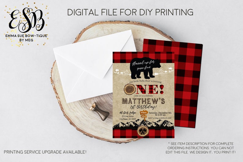 Flannel up for some fun - Bear Lumberjack 1st Birthday Party Invitation Printable - Digital File  (One-Lumber)