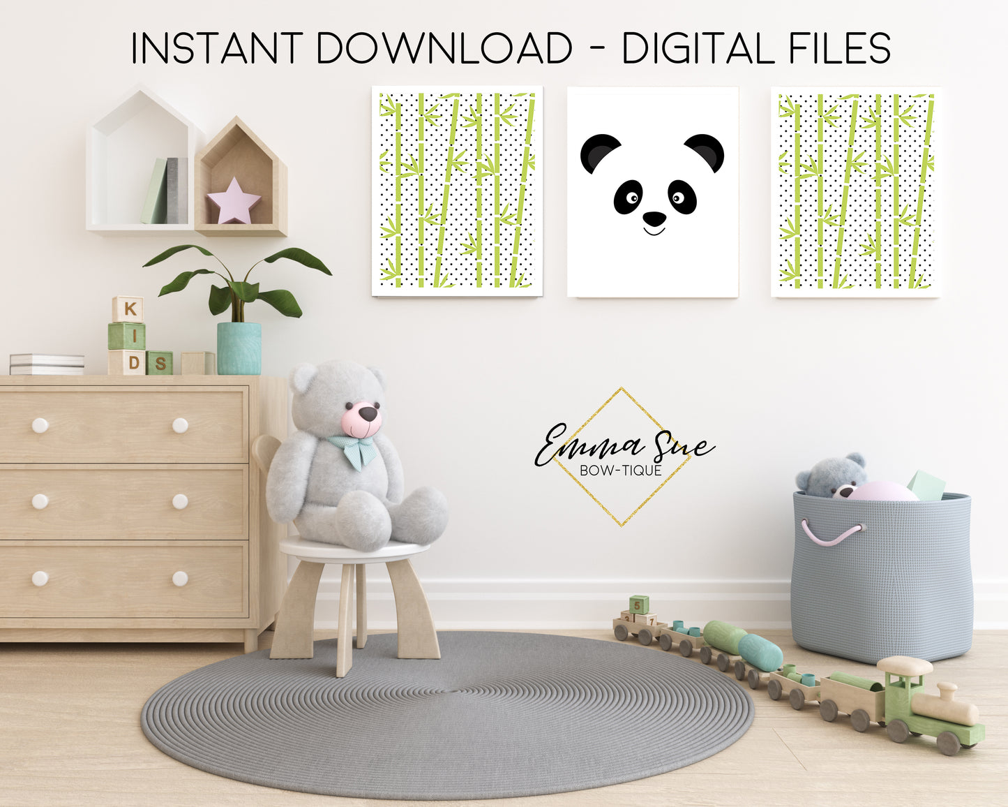 Panda Bear Face with Bamboo & polka Dots Black and White - Kid's Room Or Baby Nursery Printable Wall Art  - Digital File