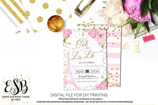 Ooh La La - Paris Eiffel Tower Birthday Party Invitation Printable - Digital File  (Paris-Pnkflowers)