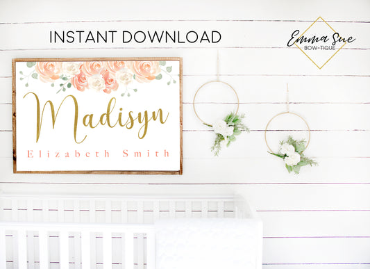 Peach Blush & Gold Watercolor Floral Personalized Monogram Baby Name & Initial Sign - Kid's Room Or Nursery Printable Wall Art  - Digital File (Name-Peach Script)