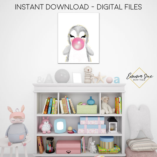 Watercolor Bubble Gum Penguin Arctic Animal - Kid's Room Or Baby Nursery Printable Wall Art  - Digital File