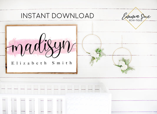 Pink Watercolor Personalized Script Monogram Baby Name Sign - Kid's Room Or Nursery Printable Wall Art  - Digital File (Name-Pinkstroke)