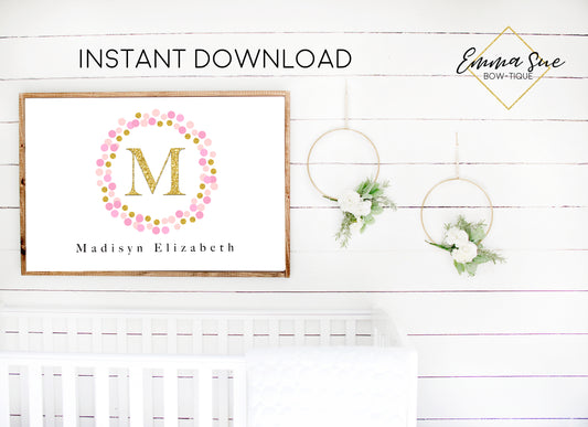 Pink & Gold Confetti Wreath Personalized Monogram Baby Name Sign - Kid's Room Or Nursery Printable Wall Art  - Digital File (Name-Pinkconfwreath)