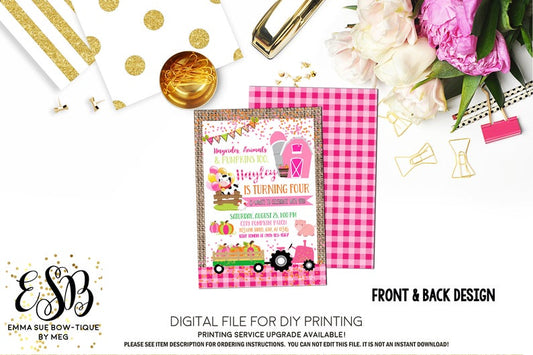 Pink Fall Farm Pumpkin Patch Gingham Birthday Party Invitation Printable - Digital File  (Pumpkin-patch18burlap)