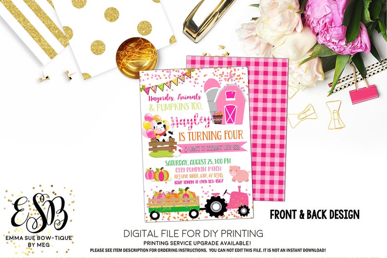Pink Fall Farm Pumpkin Patch Gingham Birthday Party Invitation Printable - Digital File  (Pumpkin-patch18)