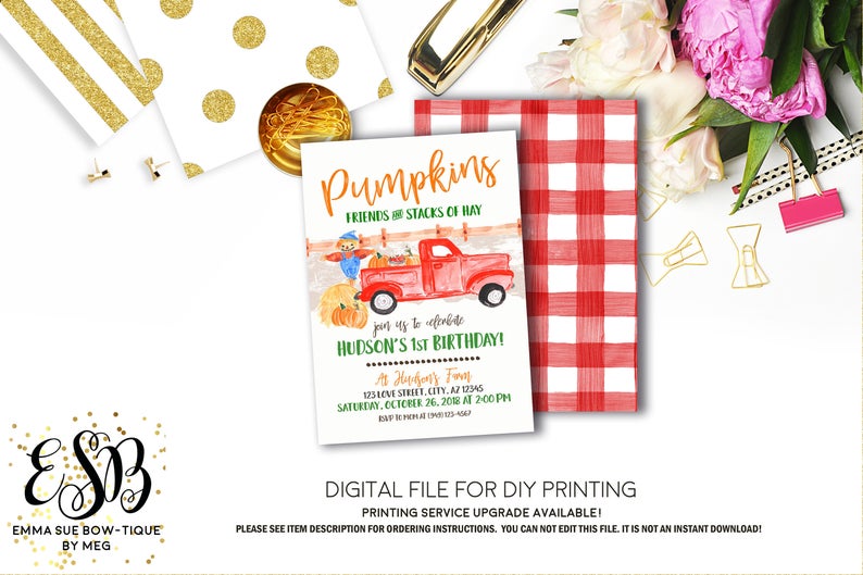 Vintage Farm Truck - Fall Farm Pumpkin Patch Birthday Party Invitation Printable - Digital File  (Pumpkin-truckone)