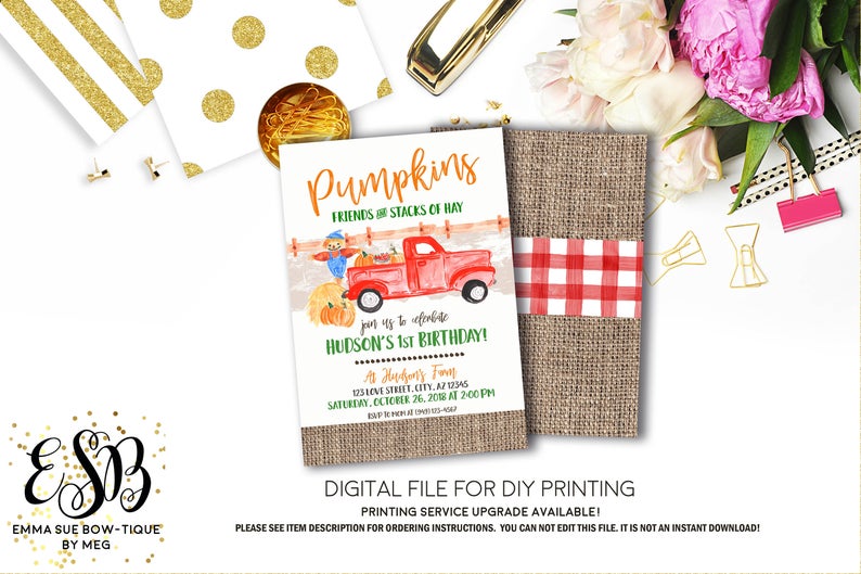 Vintage Farm Truck - Fall Farm Pumpkin Patch Birthday Party Invitation Printable - Digital File  (Pumpkin-truckburlap)