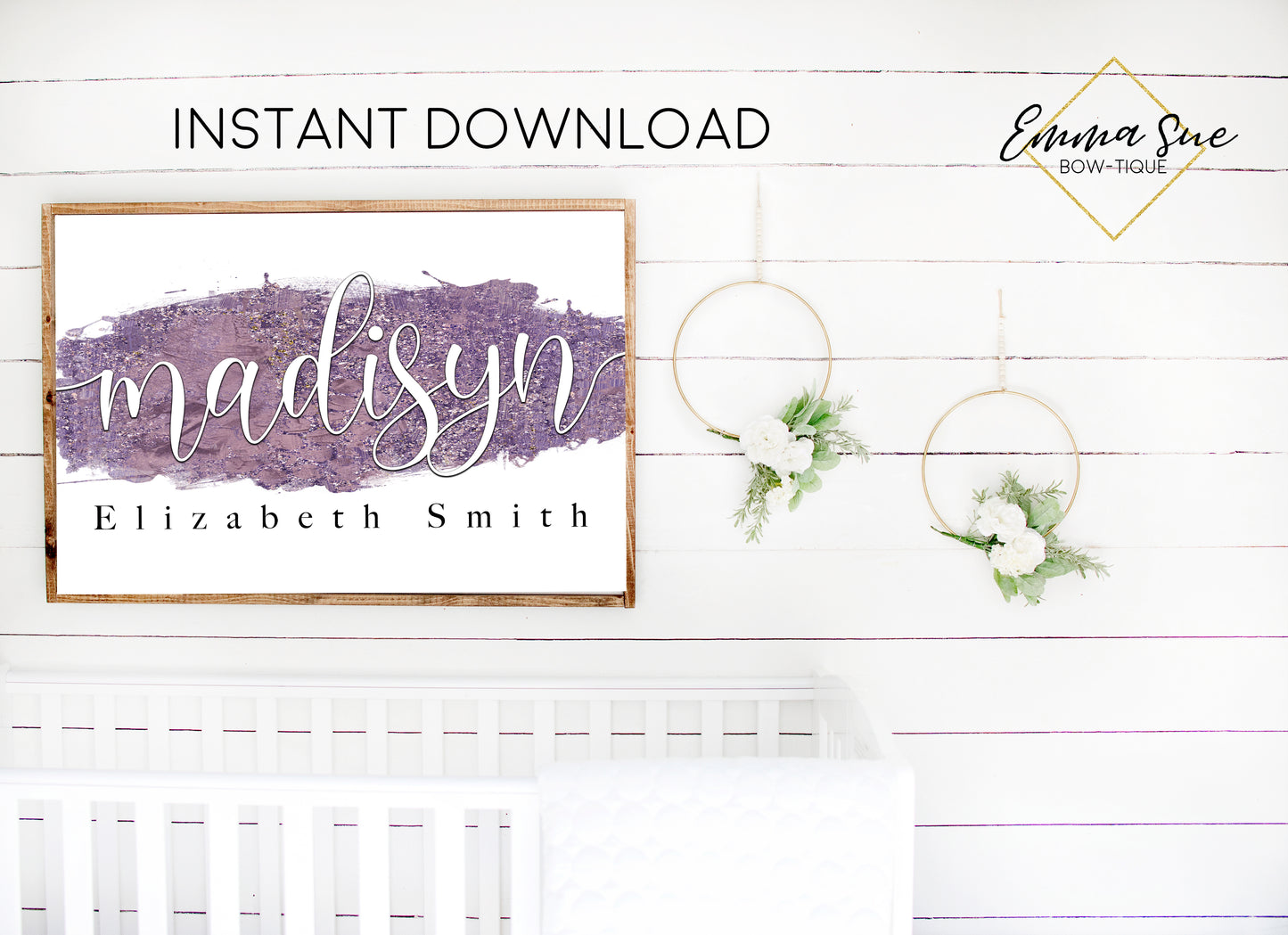 Purple Watercolor Personalized Script Monogram Baby Name Sign - Kid's Room Or Nursery Printable Wall Art  - Digital File (Name-Purplestroke)