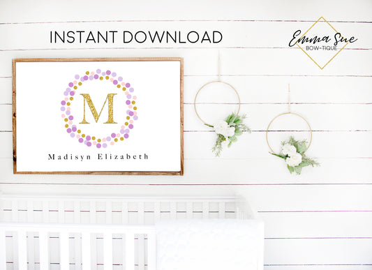 Lavender, Baby Pink & Gold Confetti Wreath Personalized Monogram Baby Name Sign - Kid's Room Or Nursery Printable Wall Art  - Digital File (Name-Purpconfwreath)
