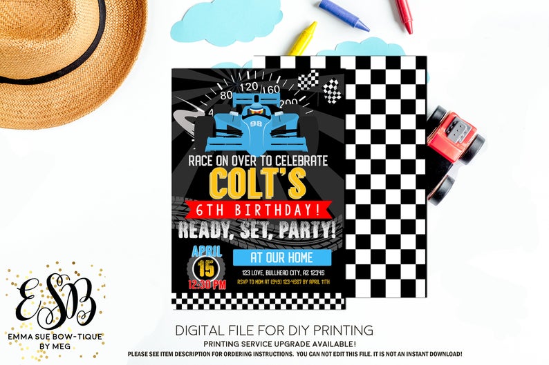 Boy's Race Car Birthday Party Invitation Printable - Digital File  (race-carblue)