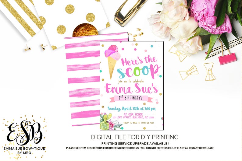 Here's the scoop - Ice Cream Girl's Birthday Party Invitation Printable - Digital File  (Scoop-cactus)