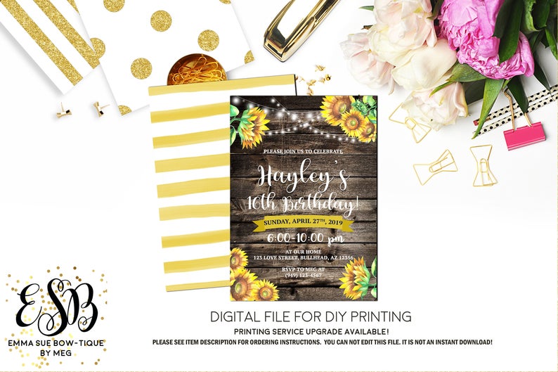 Rustic Country Sunflower Party - Wood and String Lights Any age Birthday Party Invitation Printable - Digital File  (sunflower-wood)