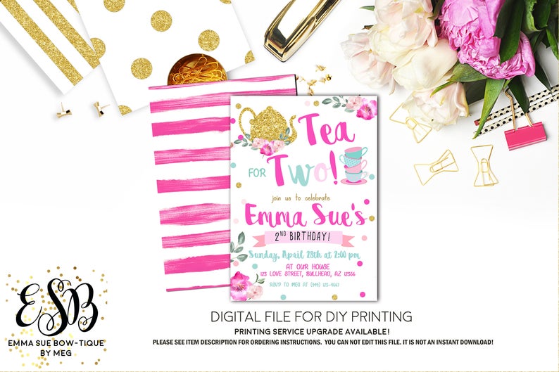 Tea Party - Tea for Two 2nd Birthday Party Invitation Printable - Digital File  (Tea-two)