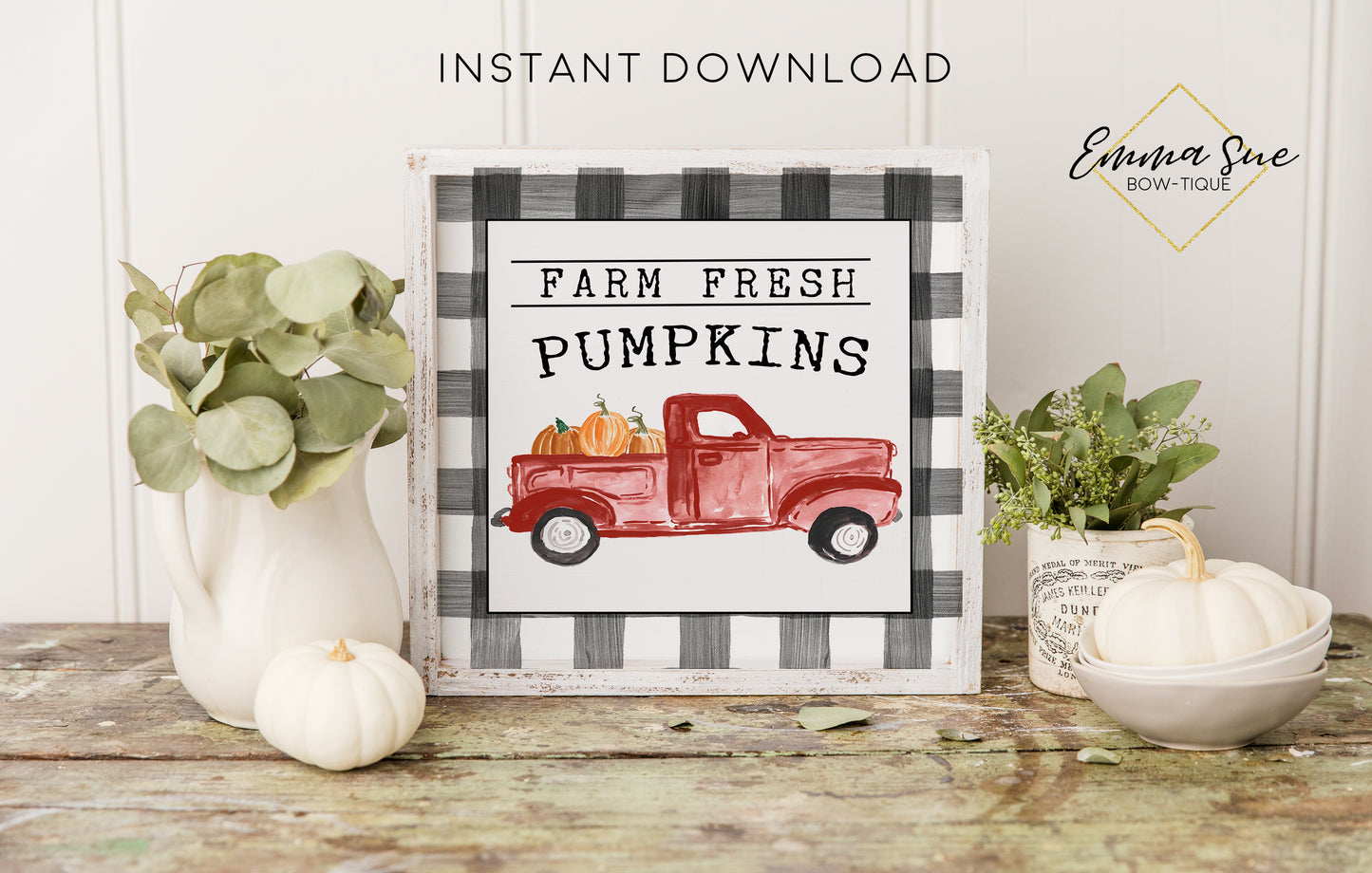 Farm Fresh Pumpkins Vintage Truck - Black & White Plaid Thanksgiving Fall Autumn Decor Printable Sign Farmhouse Style  - Digital File