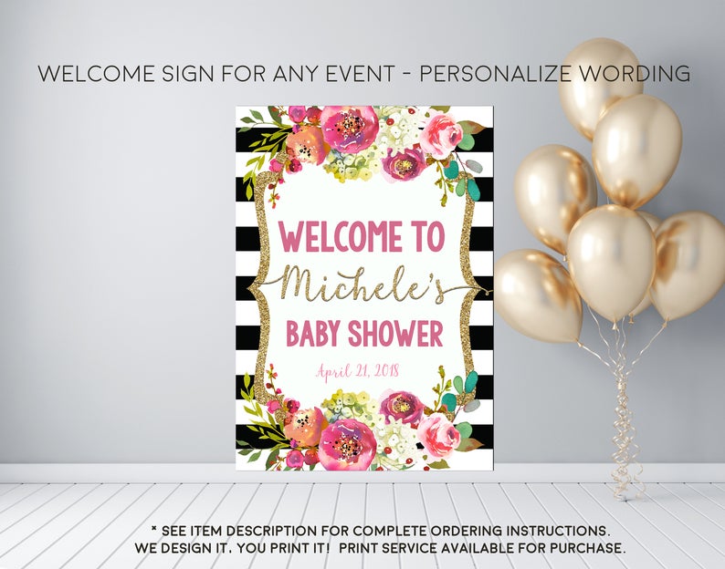 Black and White Stripe Fall Floral Any Event Welcome Sign - Party Decorations  - Digital File