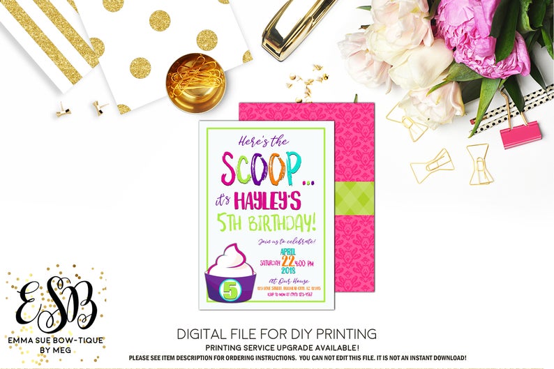 Here's the scoop - Frozen Yogurt Girl's Birthday Party Invitation Printable - Digital File  (yogurt-2018)