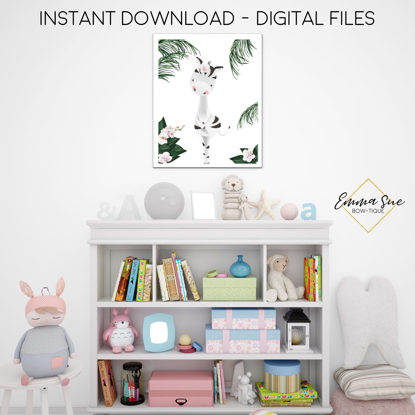 Tropical Jungle Safari Floral Zebra Wall Art - Girl's Nursery, Playroom, Bedroom Printable Sign  - Digital File - Instant Download