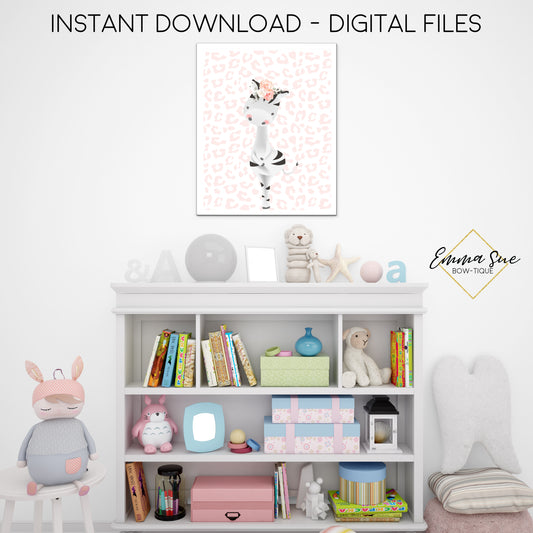 Floral Zebra Wall Art with Blush Animal Print - Girl's Nursery, Playroom, Bedroom Printable Sign  - Digital File - Instant Download